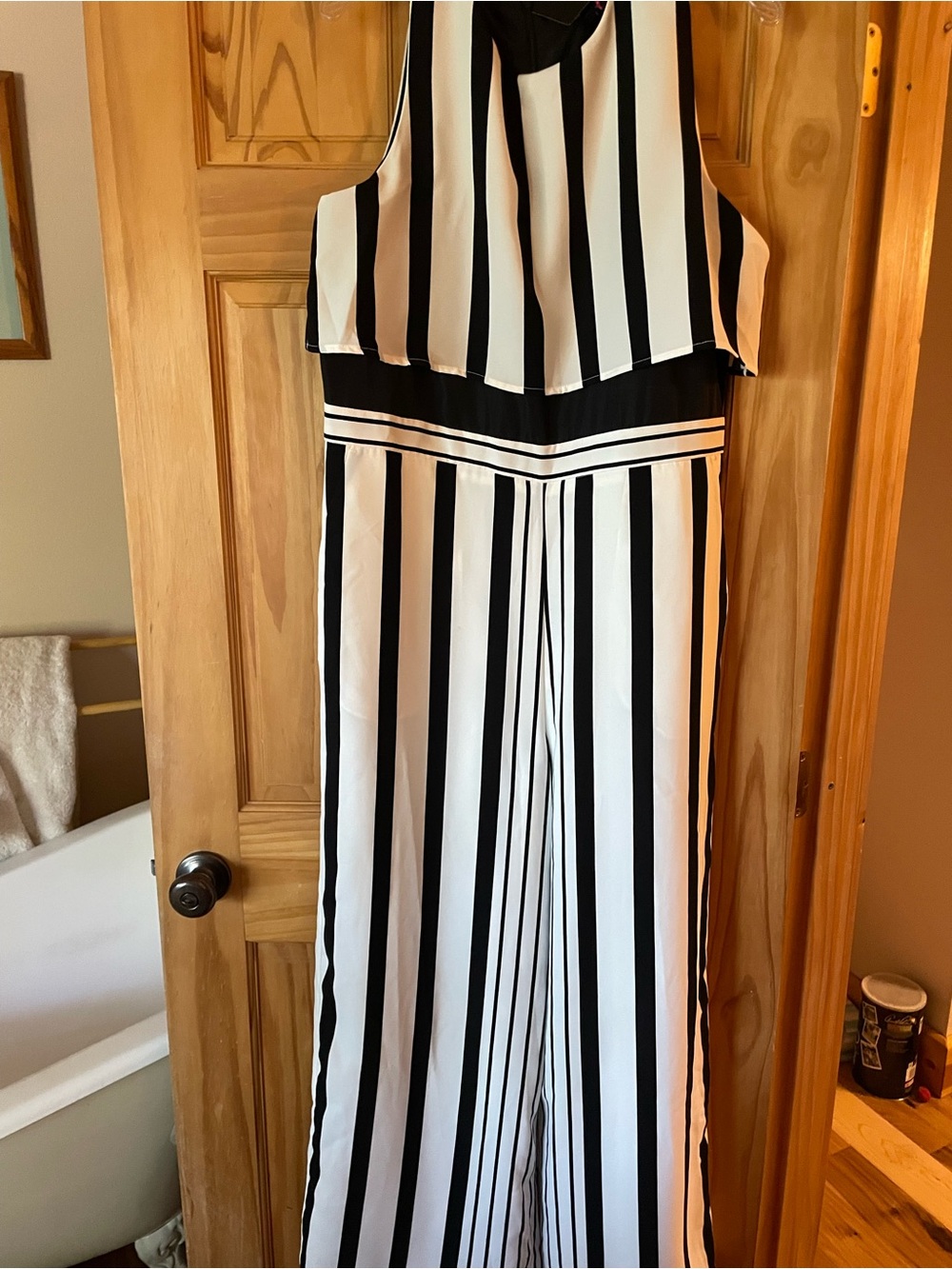 Midnight Velvet Black and White Vertical Stripe Maxi Jumpsuit Fully Lined
